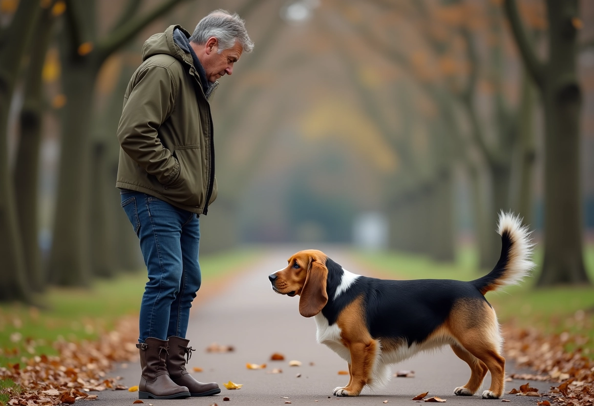 Homme dans un parc avec un Basset Hound Griffon Vendéen qui renifle