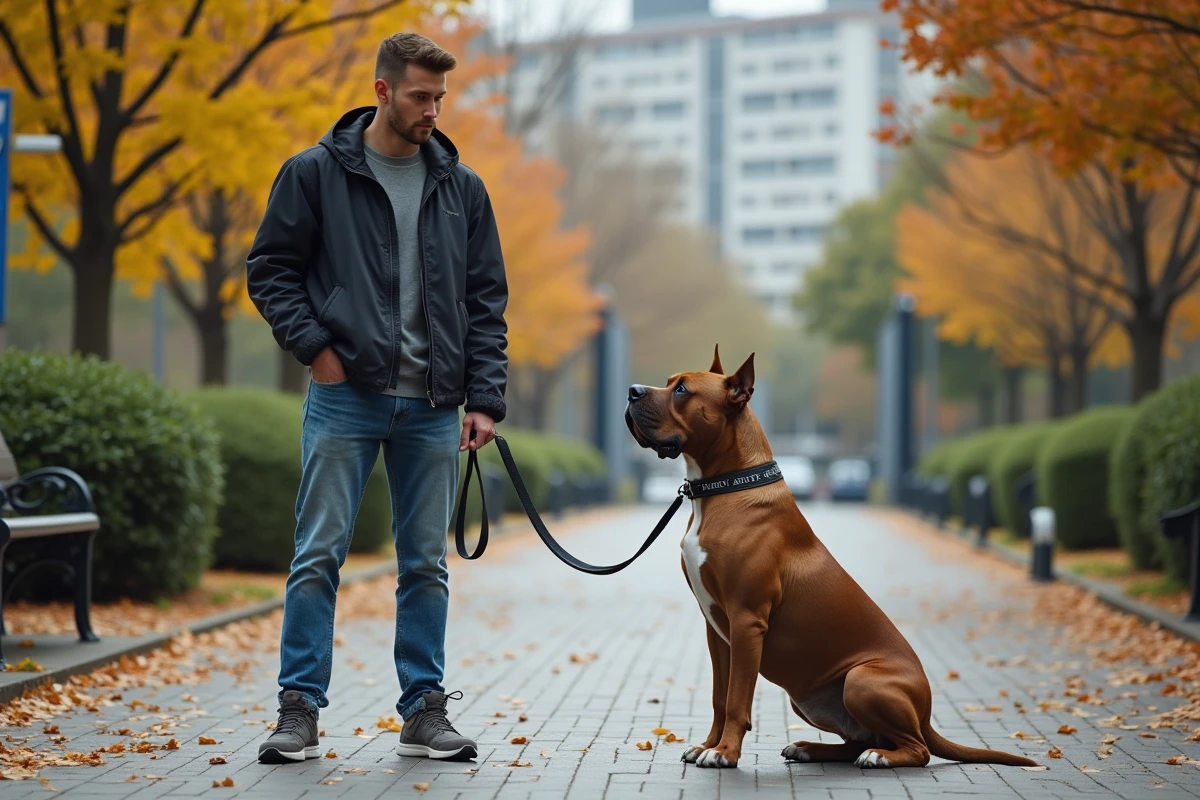 Jeune homme avec un American Bully dans un parc urbain