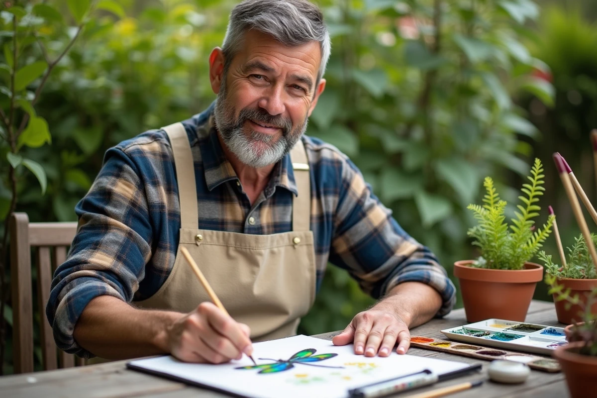 Homme peignant un dragonfly coloré en extérieur dans un jardin
