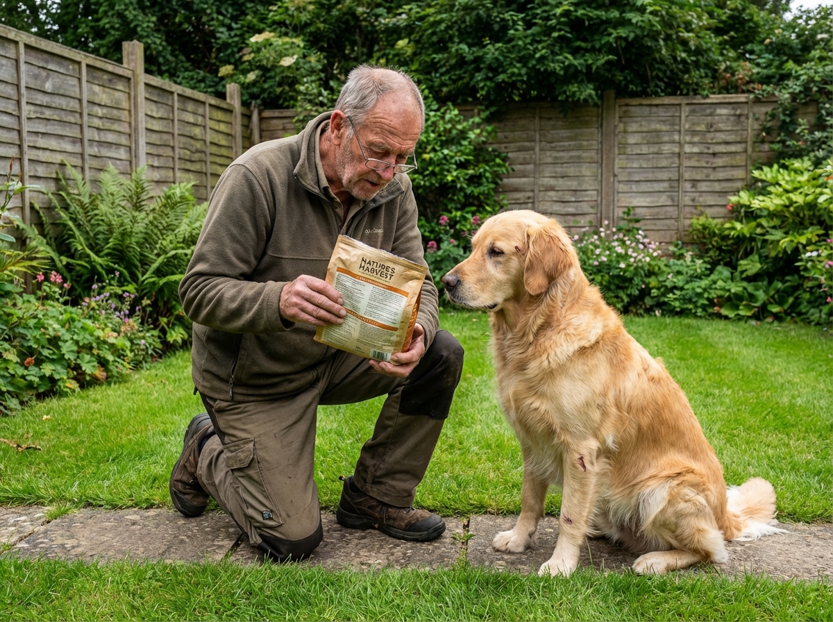Homme âgé avec son chien dans un jardin verdoyant