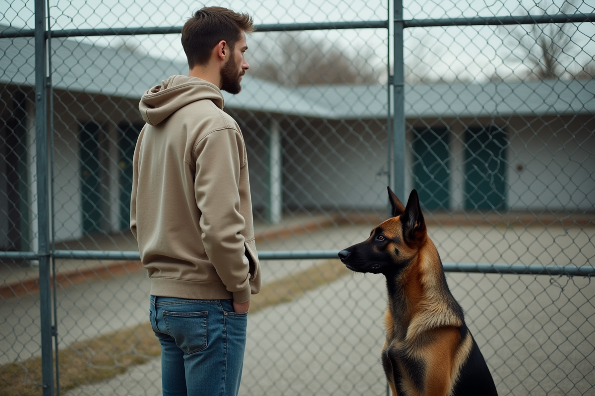 Homme observe malinois derrière la clôture du refuge