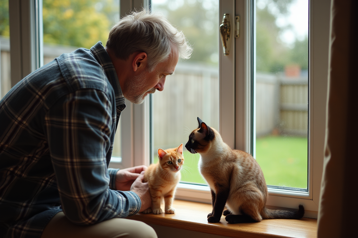 Homme observe ses chats sur une fenetre de jardin