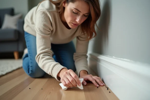 Femme inspectant des petites taches sur le sol intérieur
