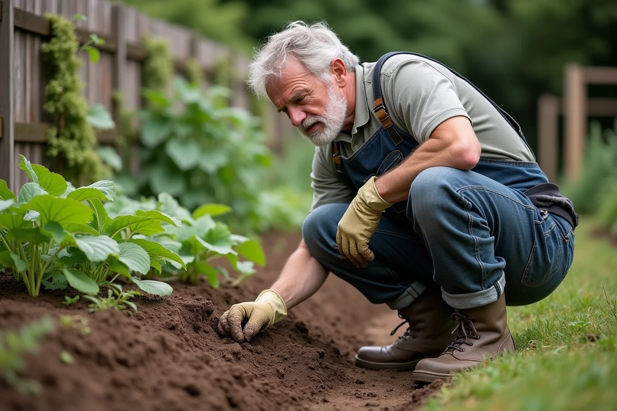 Jardinier accroupi dans son potager examinant des crottes de sanglier fraîches près de ses cultures, l'air préoccupé, avec des rangs de légumes en arrière-plan