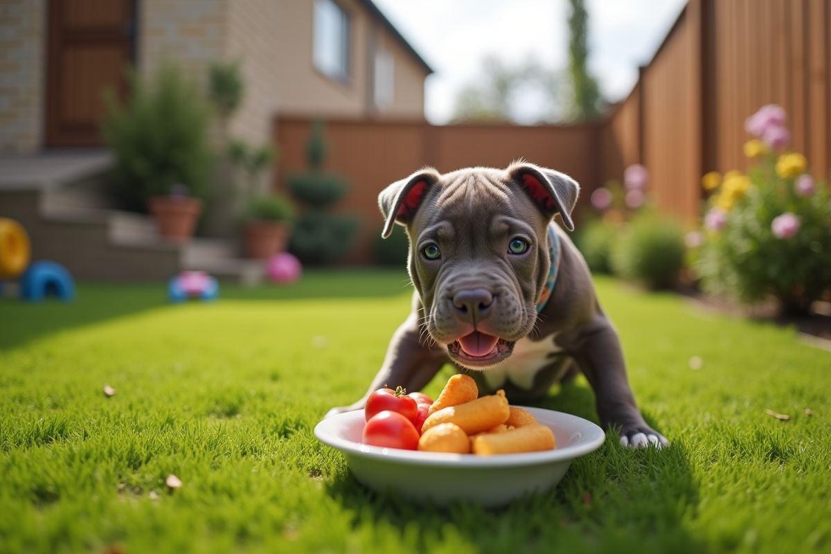 Jeune American Bully jouant dans le jardin en plein air
