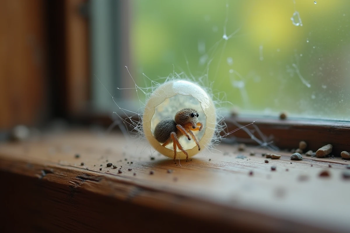 Jeune araignée sortant de son sac d
