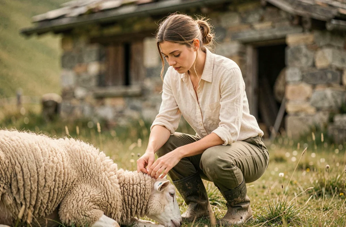 Jeune bergère basque s'occupant d'une brebis Manech dans un pâturage d'altitude lors d'une expérience de transhumance authentique