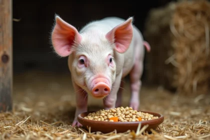 Jeune cochon de six mois mangeant des granulés dans un bol en céramique dans une grange rustique