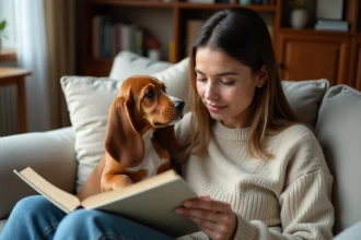 Jeune femme avec un chiot Basset Hound Griffon Vendéen dans un salon