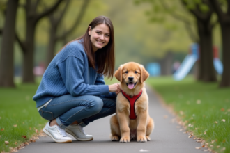 Jeune femme avec un chiot golden retriever dans un parc