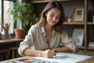 Jeune femme esquissant un dragonfly au crayon dans un atelier