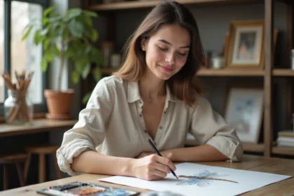 Jeune femme esquissant un dragonfly au crayon dans un atelier