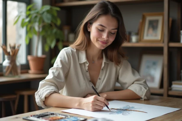 Jeune femme esquissant un dragonfly au crayon dans un atelier