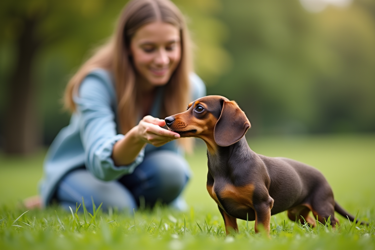 Jeune femme entraînant un dachshund en parc vert