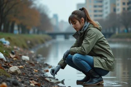 Jeune femme scientifique examine une rivière polluée en ville
