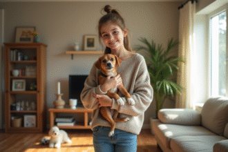 Jeune fille souriante avec un chien dans un salon lumineux