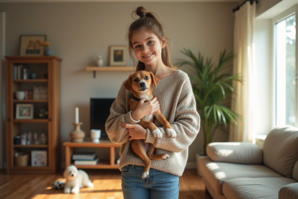 Jeune fille souriante avec un chien dans un salon lumineux