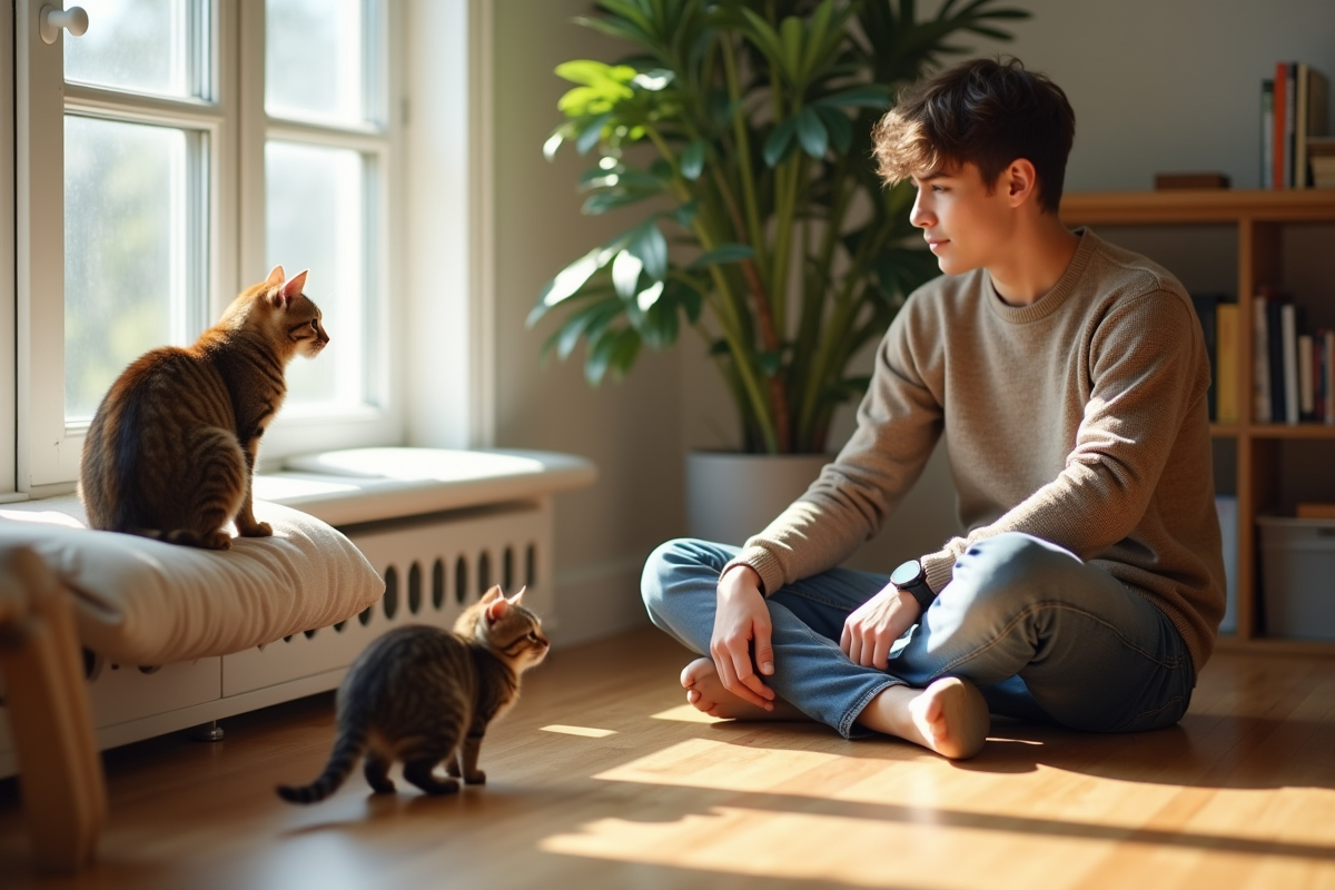 Jeune homme assis avec deux chats dans un appartement lumineux