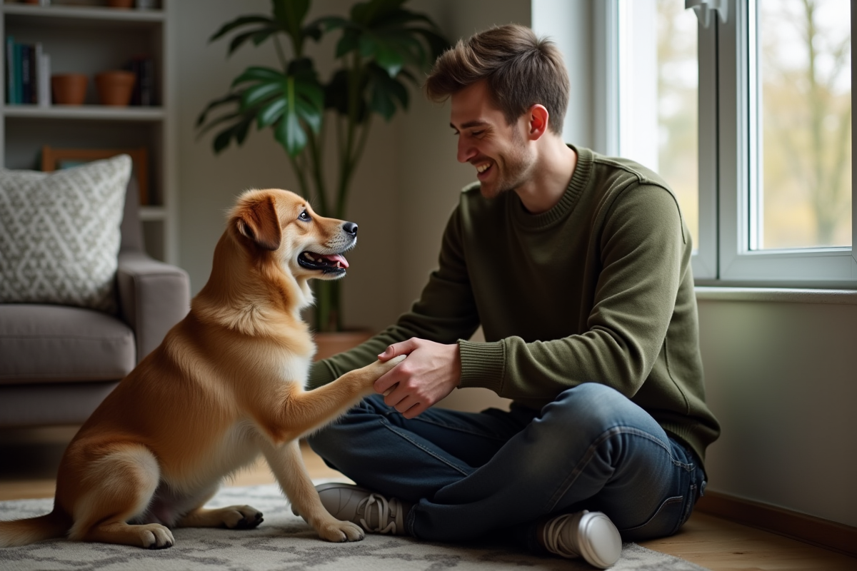 Jeune homme tenant la patte d’un chien dans un salon chaleureux