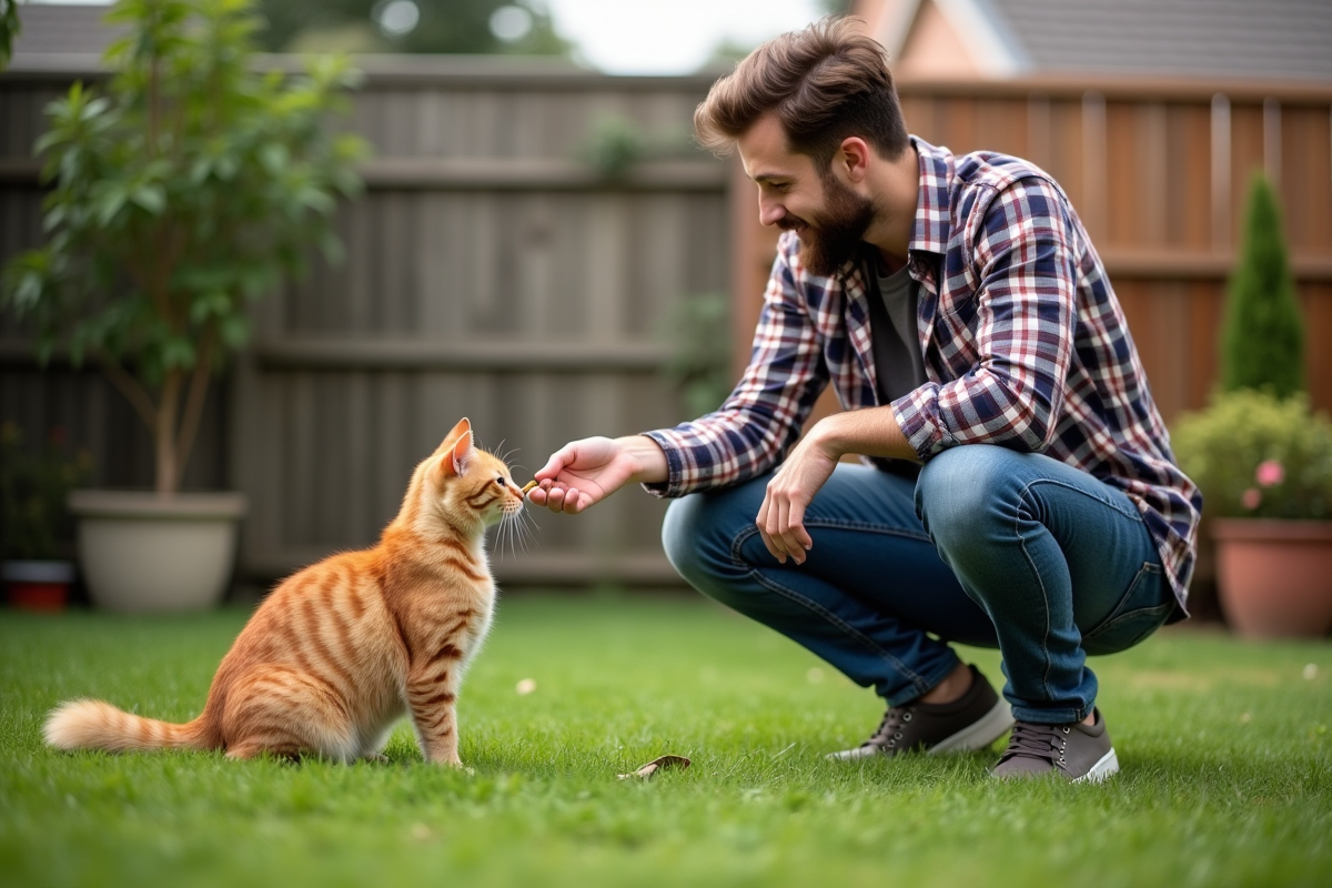 Jeune homme donnant une friandise à un chat dans le jardin