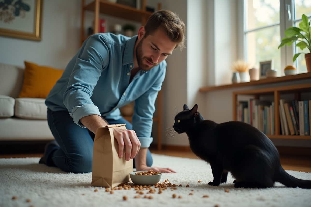 Jeune homme versant de la nourriture pour chat dans un bol