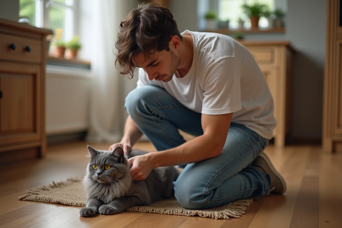 Jeune homme kneeling avec un chat angora gris dans la cuisine