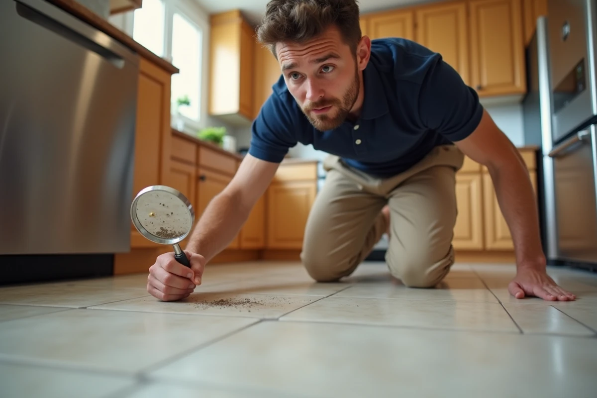 Jeune homme examinant le sol de la cuisine avec une loupe