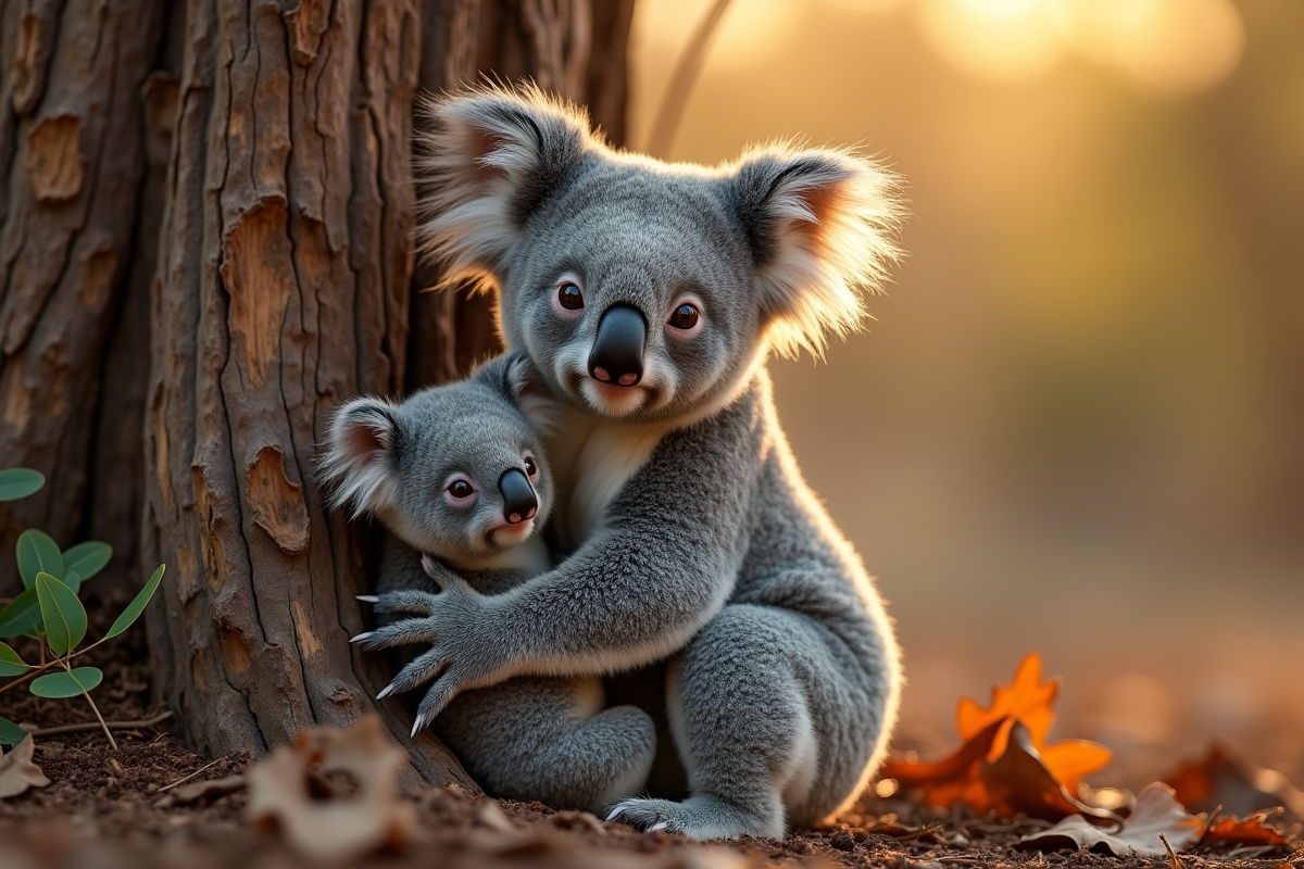 Jeune koala avec sa mère au pied d