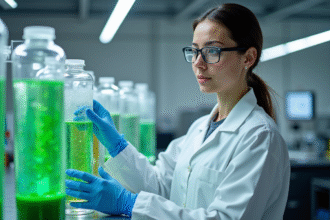 Jeune scientifique en laboratoire avec bioreacteurs verts