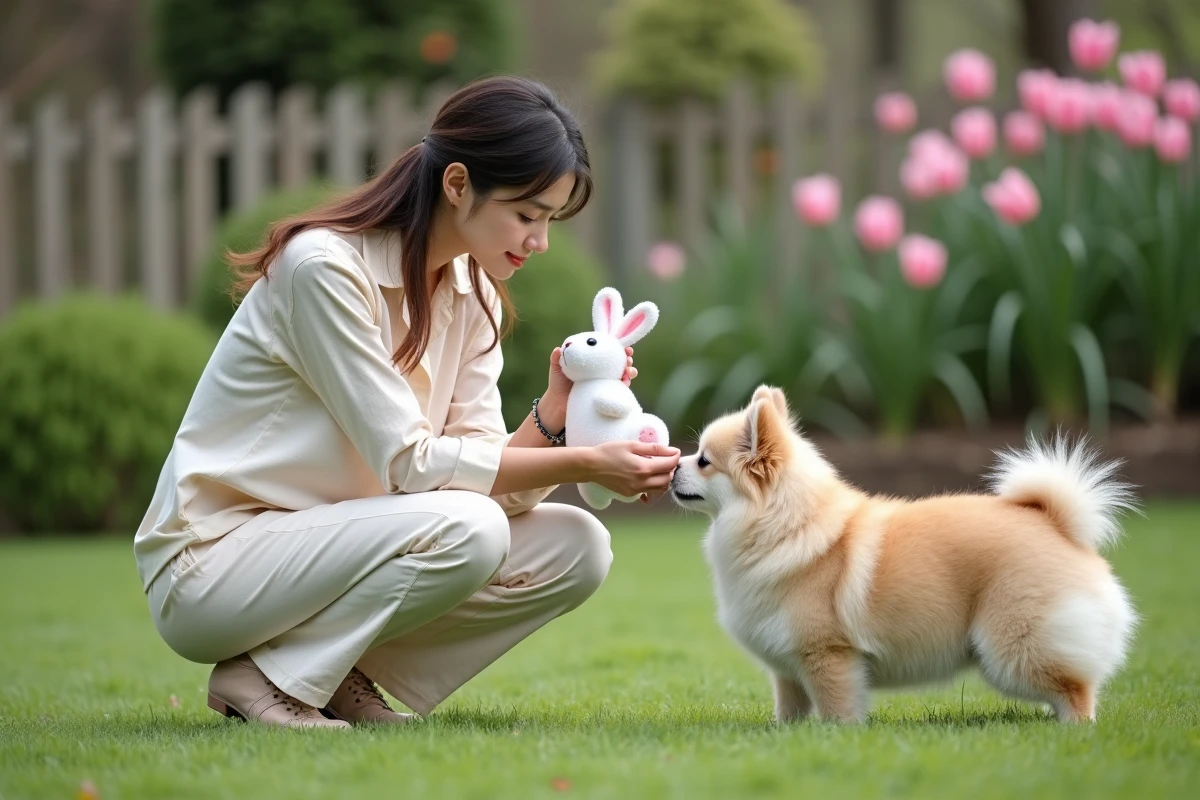 Femme offrant un jouet lapin Petsboro à son chien dans un jardin fleuri au printemps pour Pâques