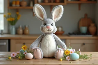 Jouet lapin en peluche Petsboro posé sur une table en bois entouré d'œufs de Pâques et de fleurs printanières