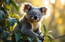 Koala perché dans les eucalyptus en plein soleil