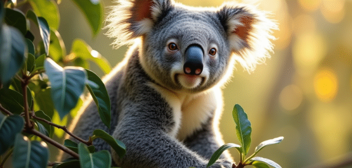 Koala perché dans les eucalyptus en plein soleil