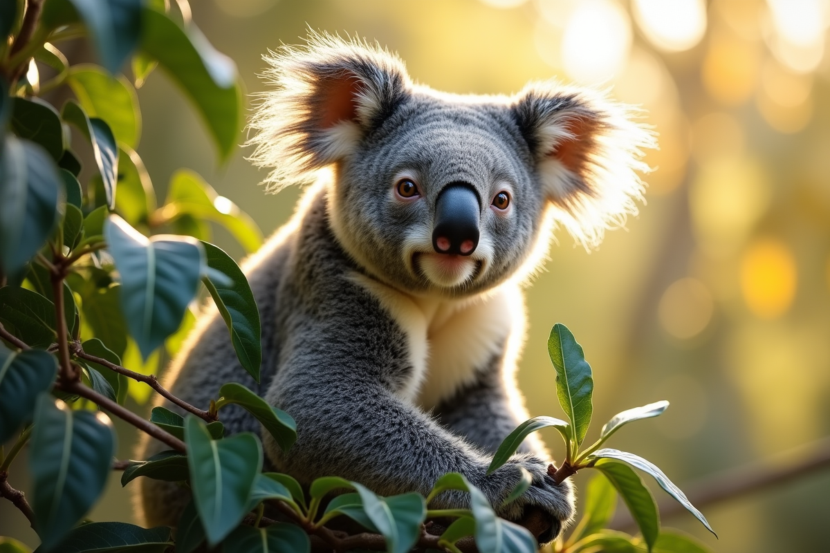 Koala perché dans les eucalyptus en plein soleil