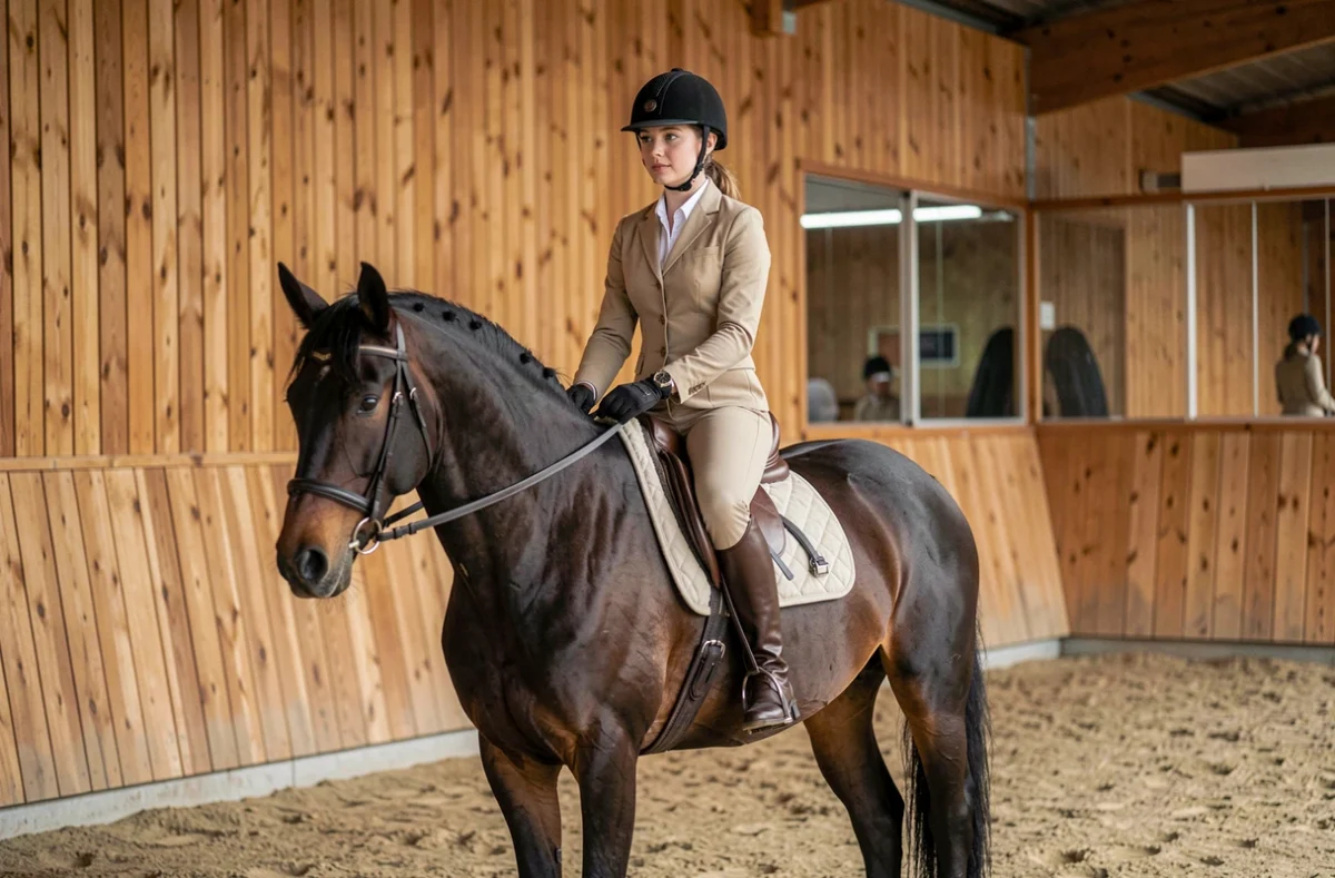 Jeune femme pratiquant le dressage sur un cheval bai foncé dans le manège couvert de La Cravache d'Annecy
