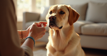 Labrador assis dans un salon lumineux et cosy