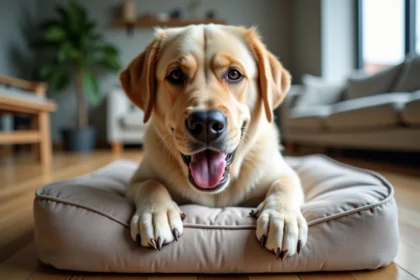 Labrador joueur sur un coussin robuste dans un salon moderne