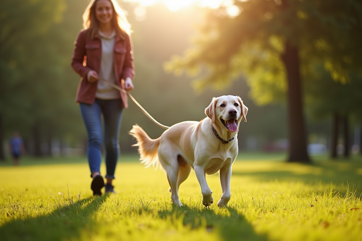 Labrador souriant marche en laisse dans un parc