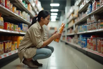 Femme lisant attentivement l'étiquette nutritionnelle d'un sac de croquettes pour chien dans un magasin animalier