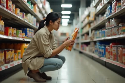 Femme lisant attentivement l'étiquette nutritionnelle d'un sac de croquettes pour chien dans un magasin animalier
