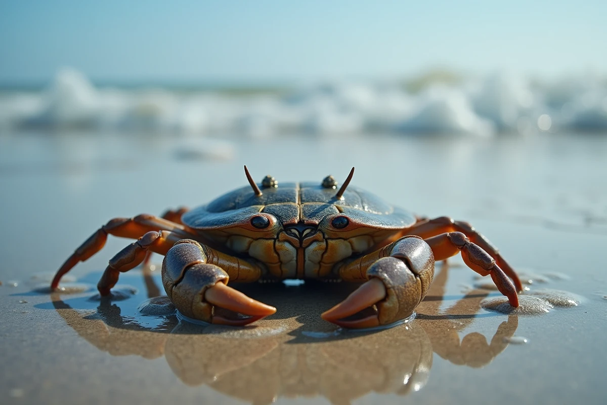 Limule vue du dessus sur une plage de sable mouillé, carapace en forme de U typique de cet animal marin incontournable