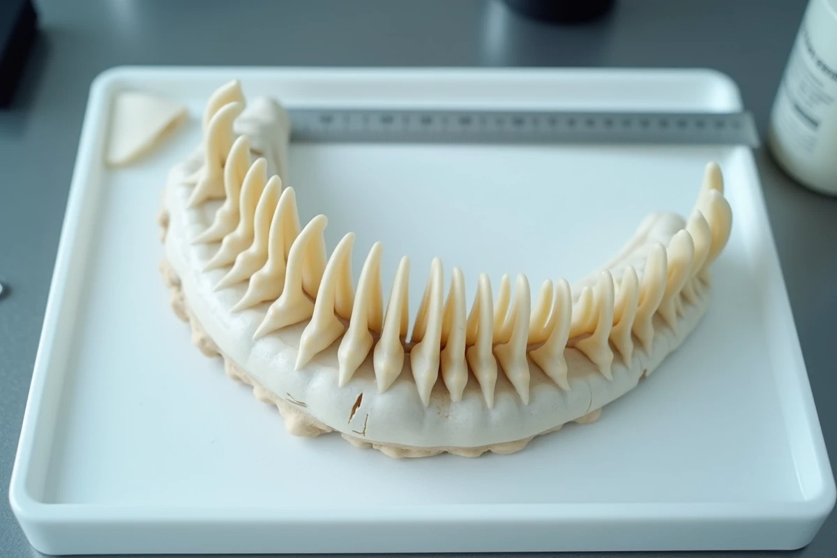 Vue macro de la mâchoire d'un brochet conservée en laboratoire, révélant la structure complexe des rangées de dents incluant dents vomériennes et palatines