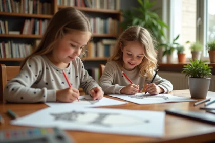 Maman et enfants dessinant un loup en famille dans le salon