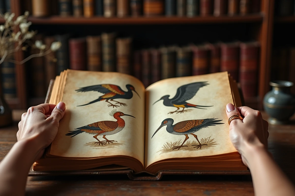 Mains féminines tenant un manuscrit ancien illustré d'oiseaux mythologiques, symboles spirituels issus des traditions ancestrales