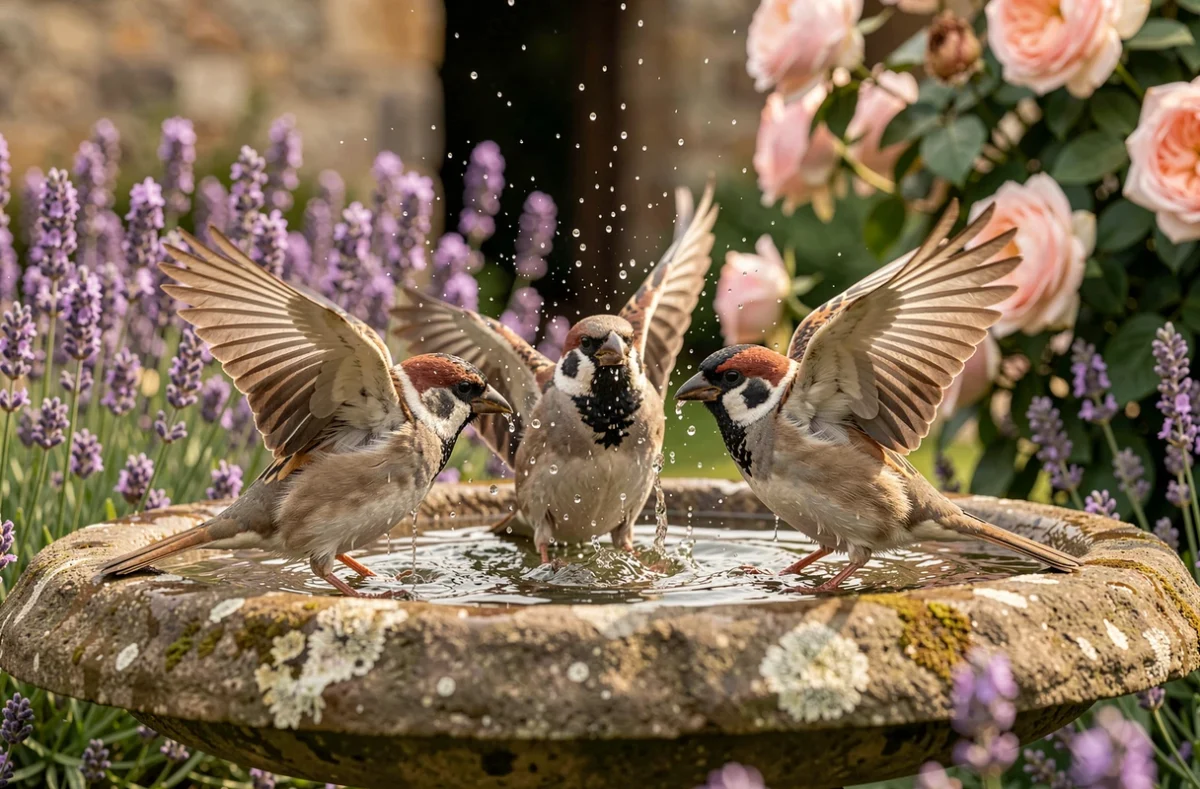 Groupe de moineaux domestiques se baignant dans un bain d'oiseaux en pierre au milieu d'un jardin fleuri