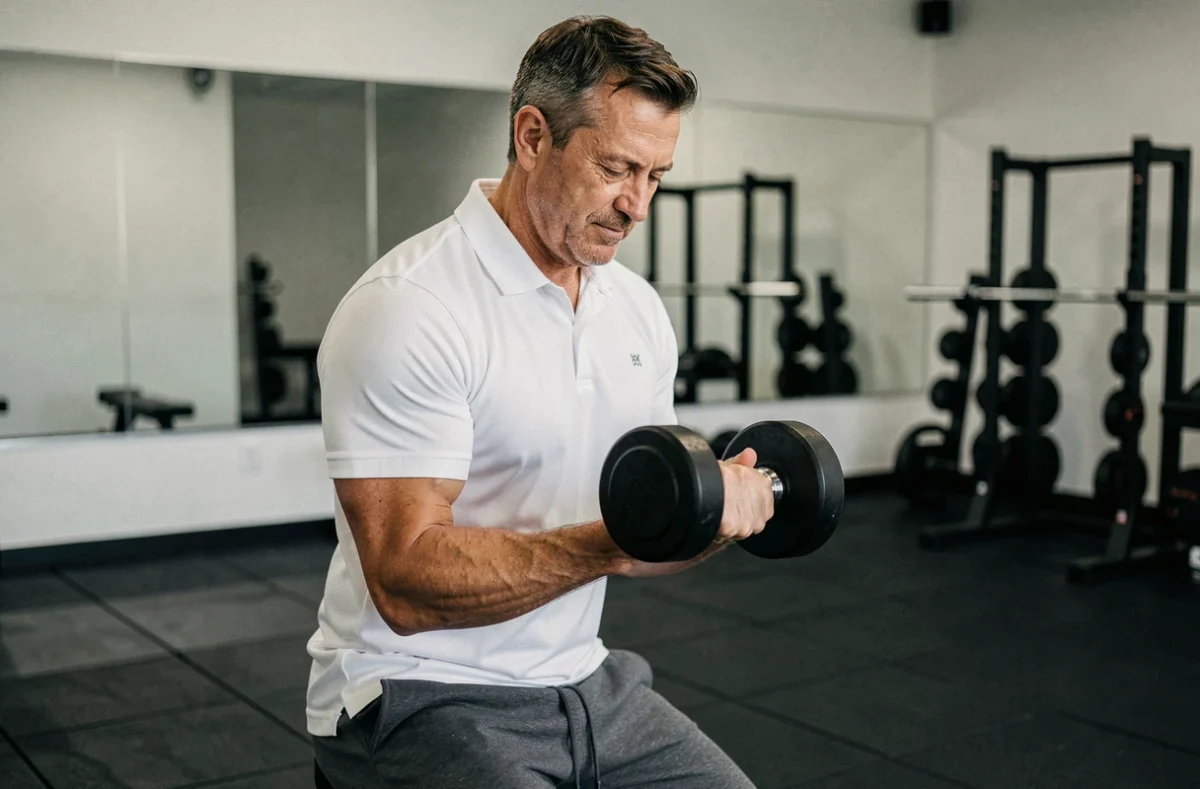 Homme mature pratiquant la musculation douce avec haltères dans une salle de sport épurée