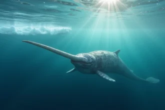 Narval nageant sous la surface de l'océan arctique avec sa longue défense spiralée, illustration d'un animal en N