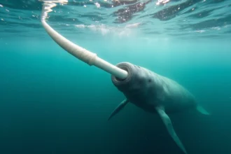 Narval nageant sous la surface de l'océan Arctique avec sa longue défense spiralée, entouré de fragments de glace dans une eau turquoise cristalline