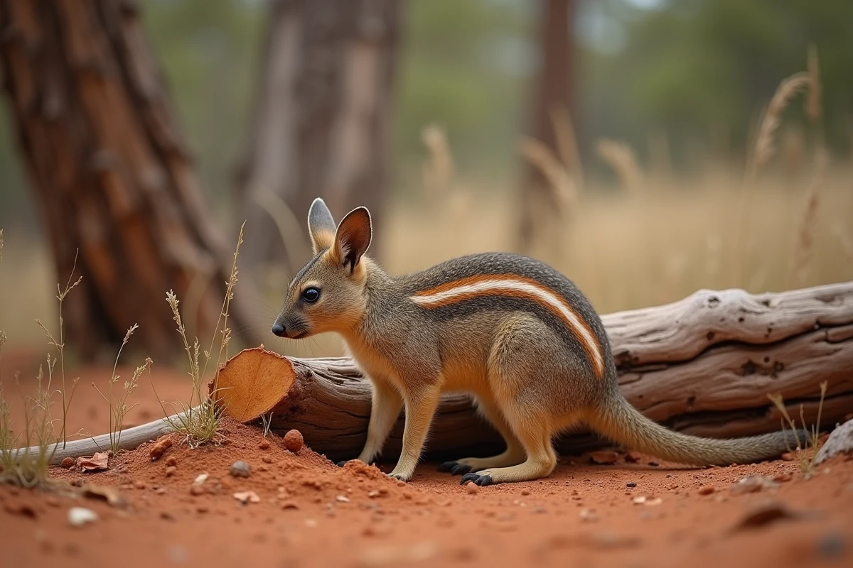 Numbat marsupial australien au pelage rayé explorant un sol rouge et un tronc d'eucalyptus tombé, animal en N rare