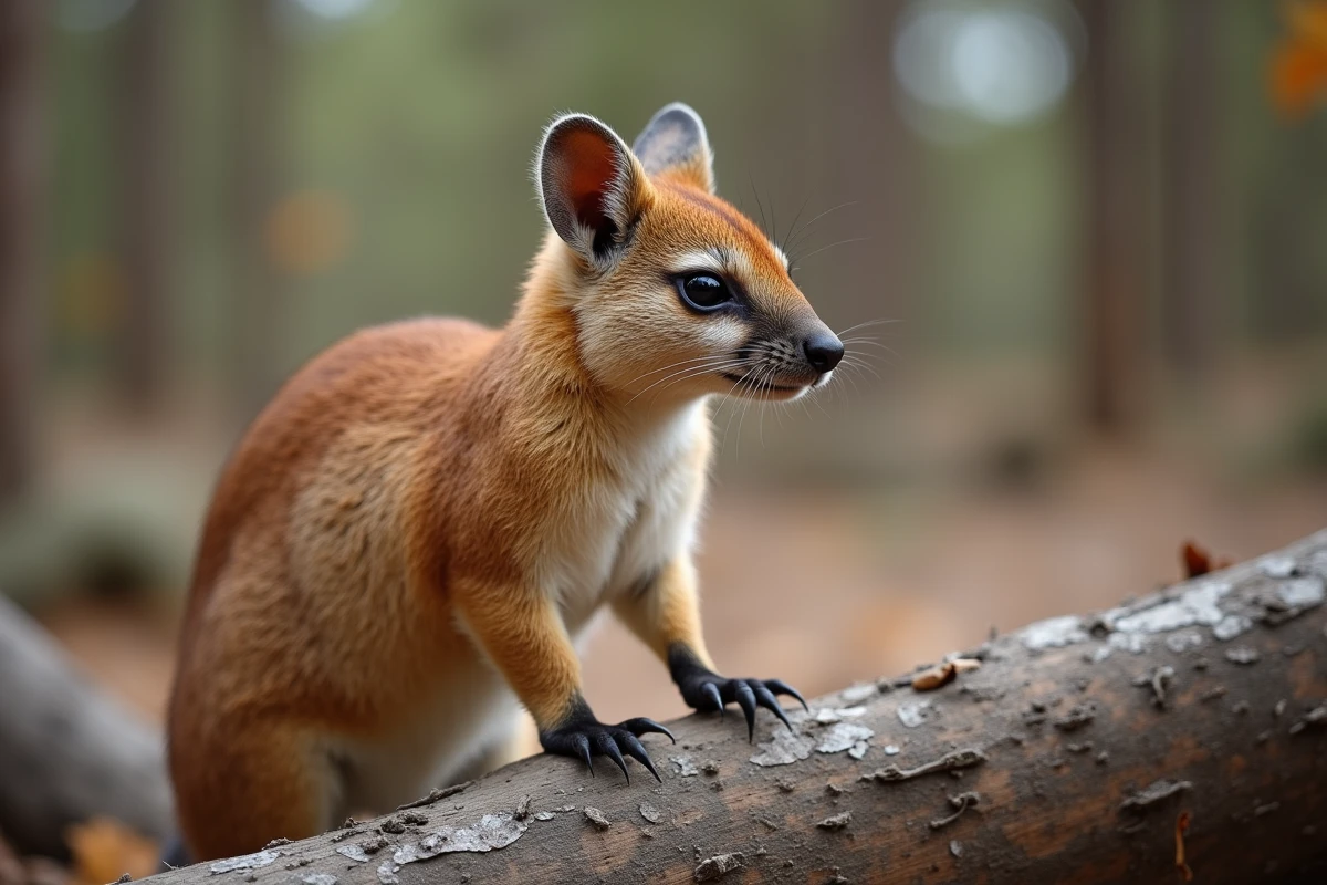 Numbat australien au pelage roux rayé posé sur un tronc d'eucalyptus dans une forêt sèche, son long museau levé vers l'air